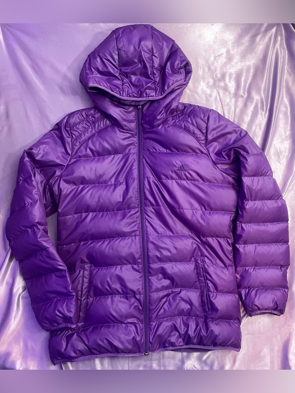 Adidas Purple Hooded Down Puffer Jacket Size L Lightweight Striped Lining